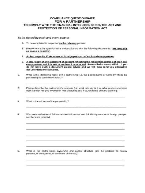 Compliance Questionnaire for Partnership Doc Template | pdfFiller