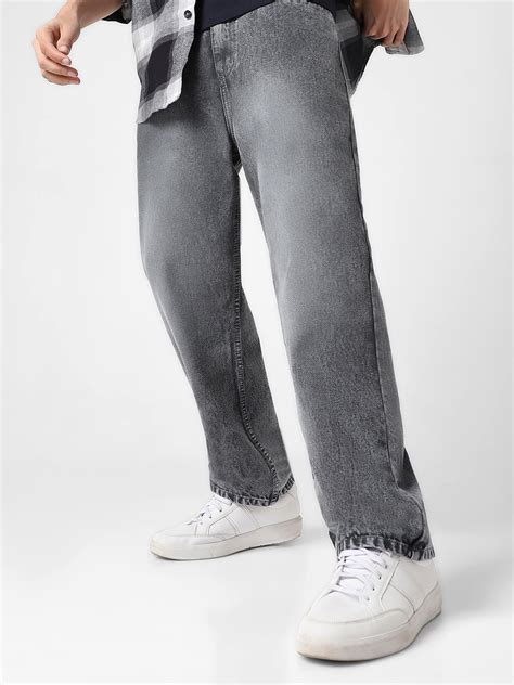 Men's Dark Grey Loose Baggy Fit Washed Jeans Non-Stretchable – Urbano ...