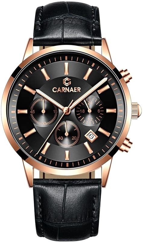 Buy CARNAER Men's Chronograph Quartz Watches, Genuine Black Leather ...