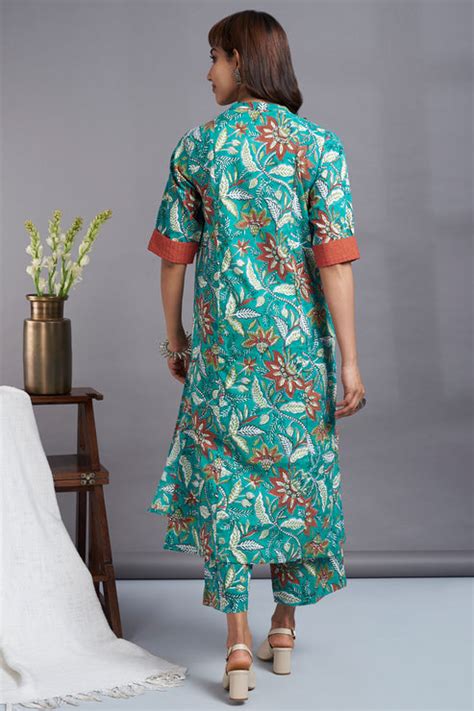 spring rhapsody- handblock printed long yoke panel kurta - maati crafts