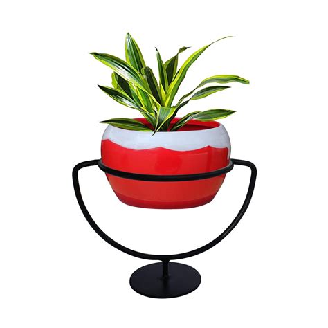 TrustBasket Trophy Plant Stand with Ceramic Like Metal Bowl (Red ...