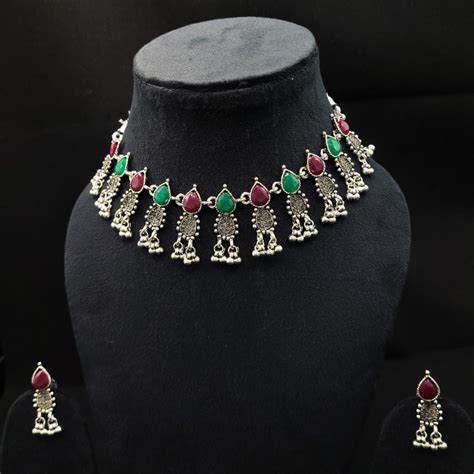 Oxidised Multicolor Necklace Set with Matching Earrings – Kallos Jewellery