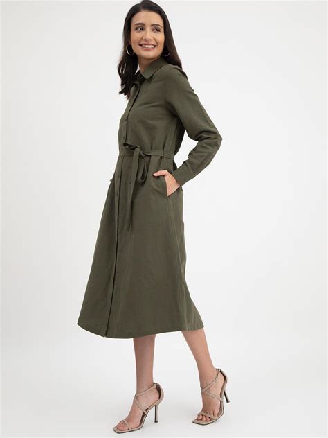 Buy Olive Linen Shirt Dress Online | FableStreet
