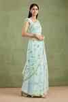 Buy Blue Chiffon, Jacquard Flower Hand Painted Saree With Unstitched ...