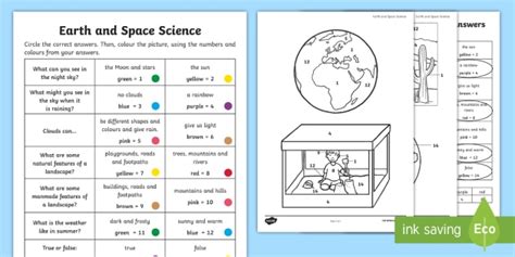 Year 1 Earth and Space Questions and Colouring Worksheet