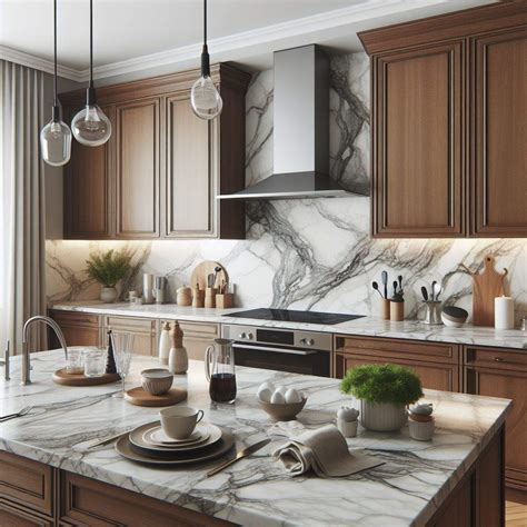 Kitchen Design: Brown Cabinets & Marble Countertops