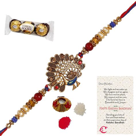 Designer Dancing Peacock Rakhi with Ferrero Rocher (3 pcs) and Roli ...