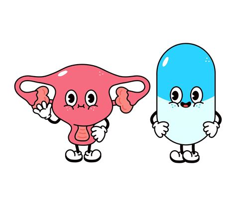 Cute, funny happy uterus and pill character. Vector hand drawn cartoon kawaii characters ...