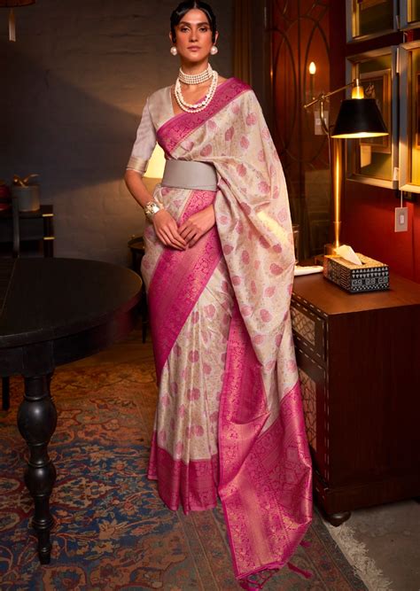 Buy Pure Handloom Banarasi Katan Silk White Saree Pink Border Online ...