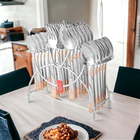 24K Gold August Stainless Steel Cutlery Set with Stand | FnS