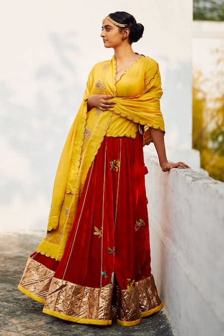 Buy Red Silk Velvet Printed And Hand Embroidered Floral & Champa ...