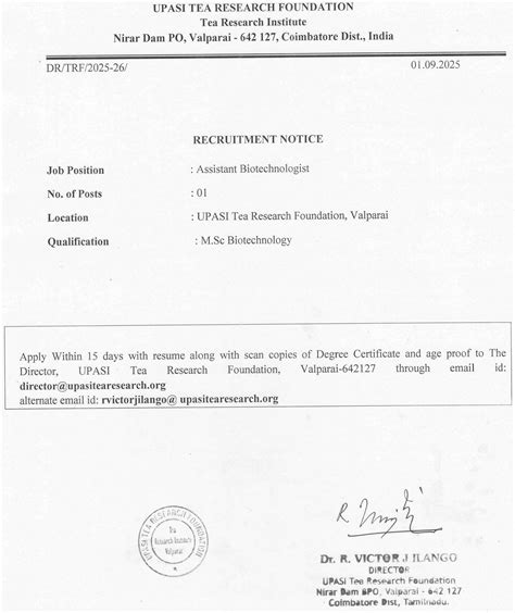 UPASI Tea Research Recruits Biotechnologist