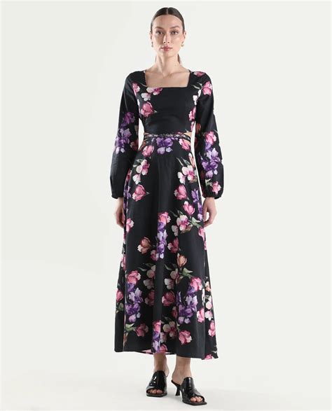 Rareism Women's Cally Black Cotton Full Sleeve Fit And Flare Floral Pr