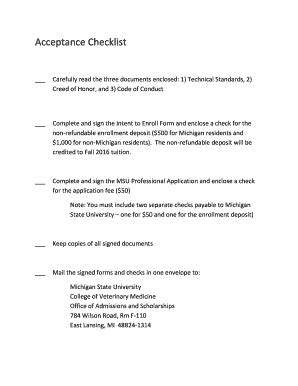 Fillable Online cvm msu Acceptance Checklist - MSU-CVM - Michigan State ...