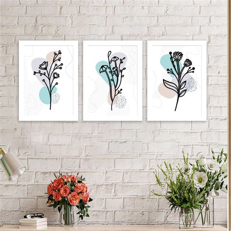 Set of 3 Art Prints for Wall Décor Boho MDF Embosed 3D Framed Floral T ...
