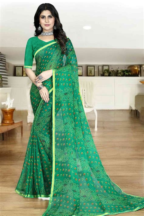 Green Bandhani Printed Chiffon Saree With Lace Border