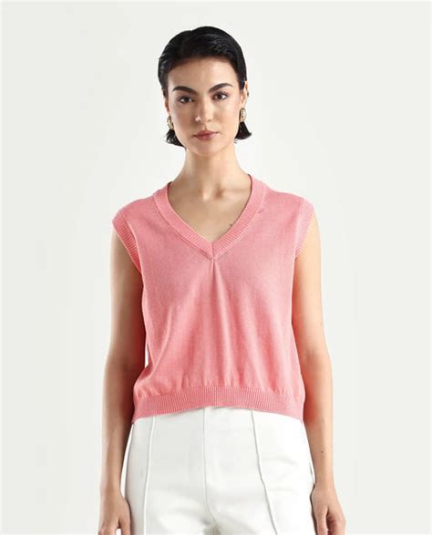 Rareism Women's Madelyn Pink Cotton V-Neck Plain Sleeveless Regular Fi