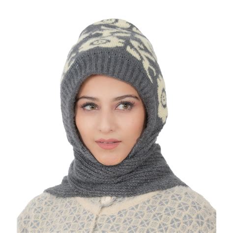 Woolen Printed Muffler Cap for Women- Grey | AMOLDO – AMOLDO Fashion