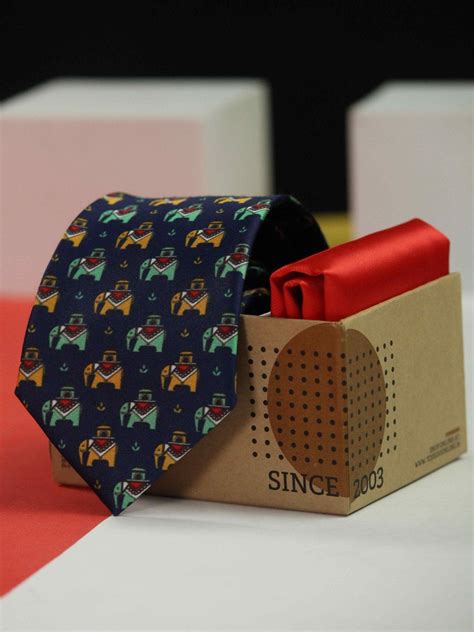 Printed Navy Blue Elephant Tie & Hanky Set