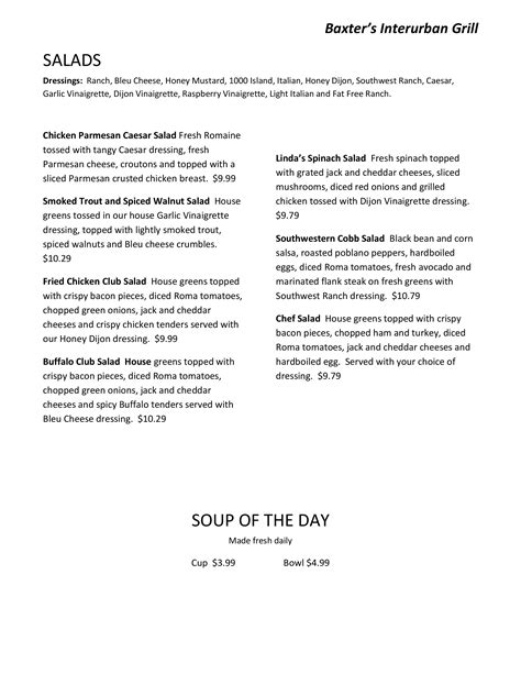 Menu at Baxter's Interurban Grill pub & bar, Tulsa