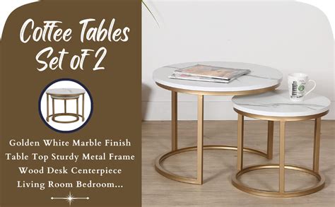 Priti Coffee Table Set of 2: Golden with White Marble Finish Table Tops ...