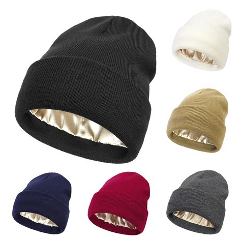 Double Layer Layered Silk Lined Winter Knitted Hats Beanies Satin Knit ...