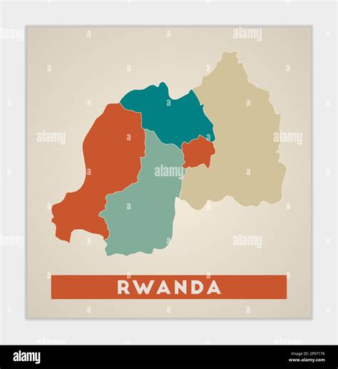 Rwanda poster. Map of the country with colorful regions. Shape of Rwanda with country name ...