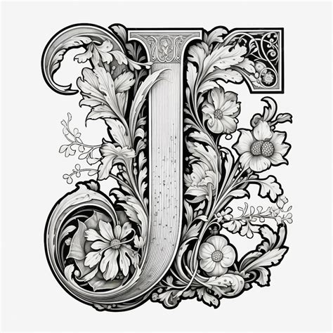 Premium Photo | A black and white drawing of a capital letter j with flowers generative ai