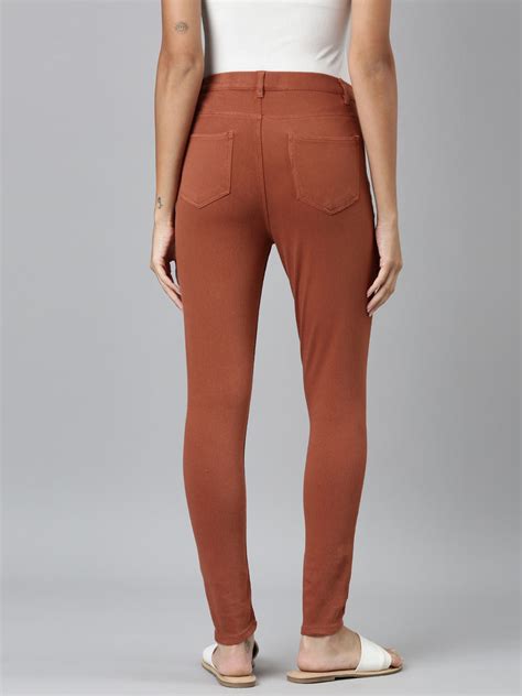 Women Solid Reddish Brown Mid Rise Jeggings