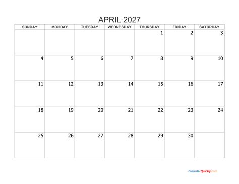 April 2027 Blank Calendar | Calendar Quickly