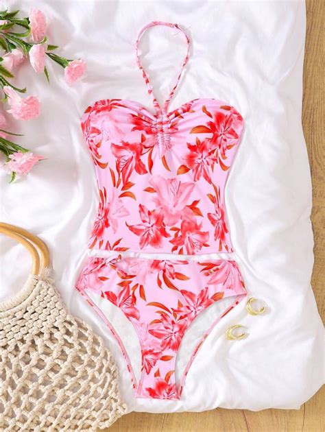 SHEIN Tween Girls Casual Beach Vacation Halter Neck Ruffled Floral ...