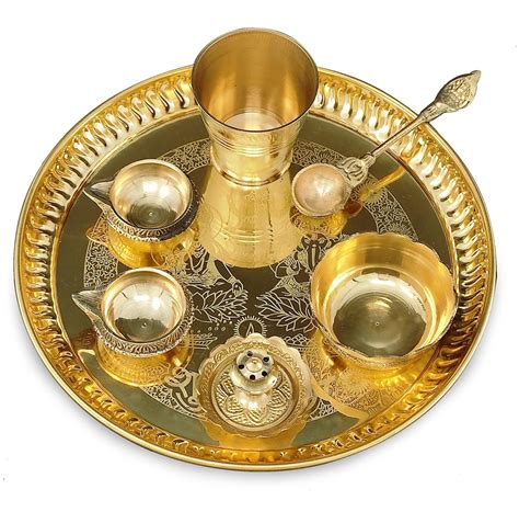 BENGALEN Brass Pooja Thali Set 8 Inch with Pital Plate Glass Nag ...