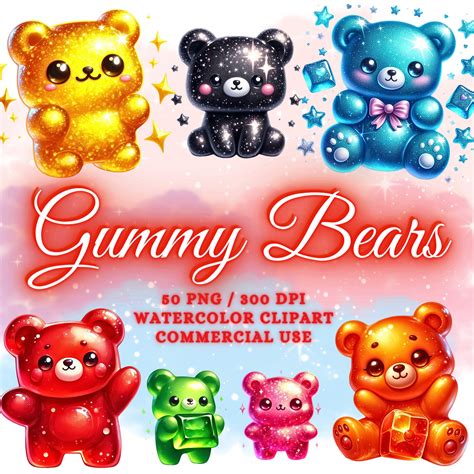 50 Cute Gummy Bears Clipart Bundle, Watercolor Baby Bears Clipart ...