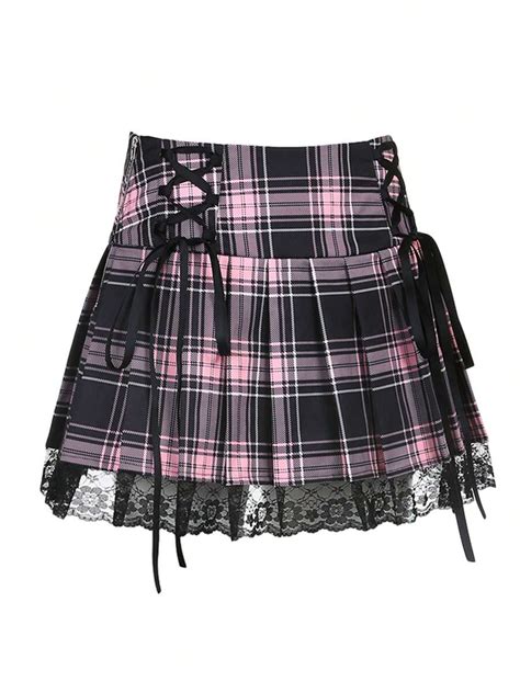 Women's Sexy Plaid Lace Mini Skirts Double Layer High-Waist A-Line ...