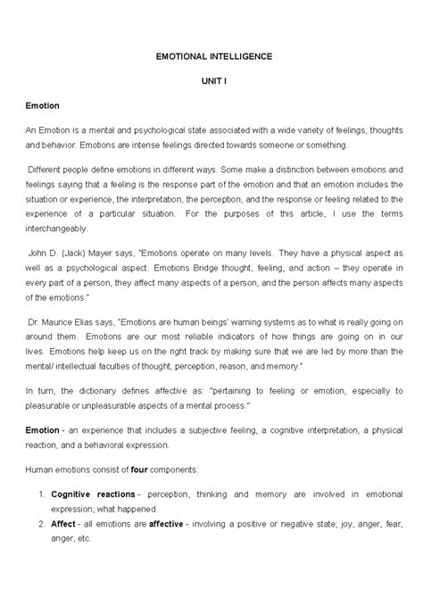 Emotional Intelligence - EMOTIONAL INTELLIGENCE UNIT I Emotion An ...