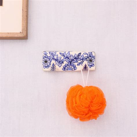 White Blue Floral Pattern Mounted Wall Hook Adhesive+(Screw)