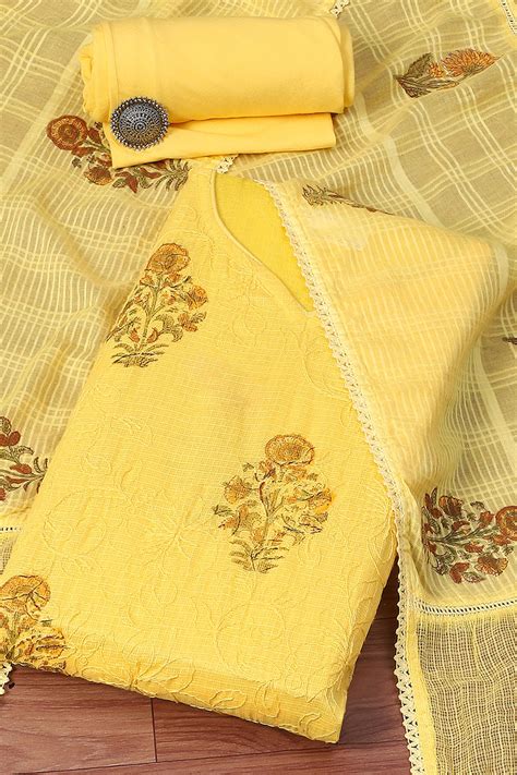 Yellow Cotton Blend Unstitched Suit Set at Biba India