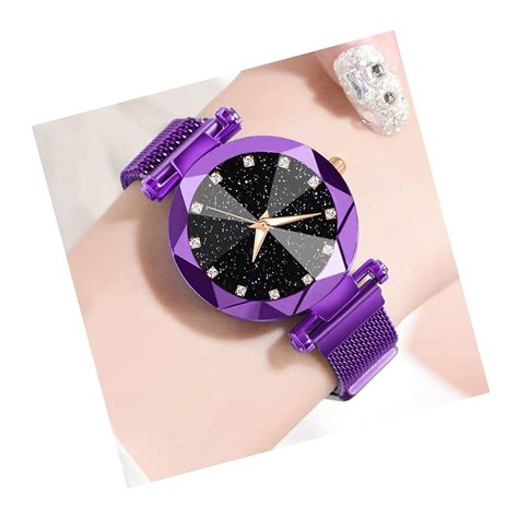 FROZIL Stainless Steel Analogue Plain Black Dial Purple Magnet Belt ...