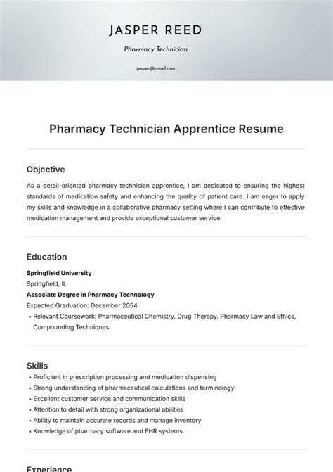 Free Pharmacy Technician Apprentice Resume Template to Edit Online