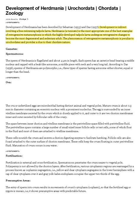 Development of Herdmania - Development is indirect involving a free swimming tadpole larva ...