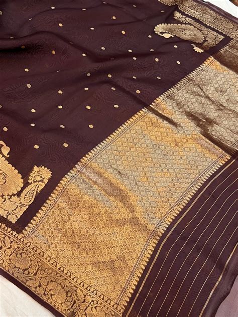 Brown Pure Kora Silk Banarasi Saree with Zari Butis & Konia – AuraBenaras