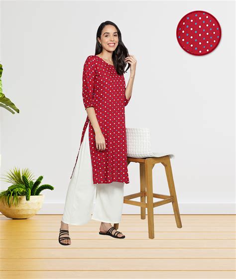 Women Rayon Polka Dots Printed Straight Kurti With Palazzo (Maroon ...