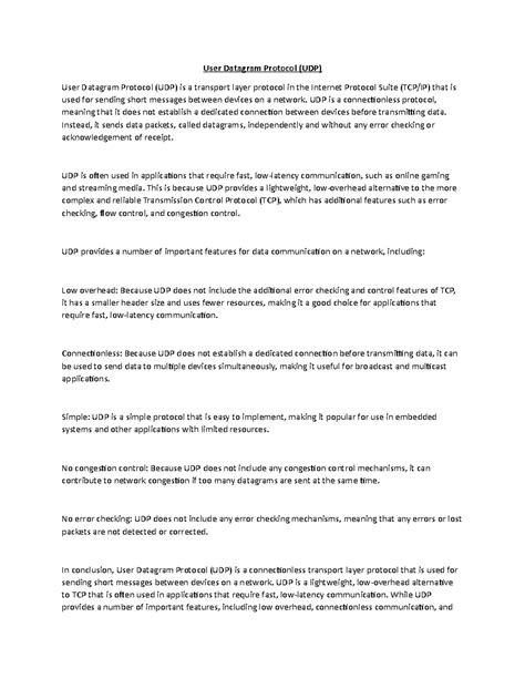 User Datagram Protocol (UDP) - UDP is a connectionless protocol ...
