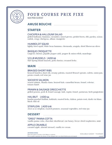 Prix Fixe Menu – The Vancouver Fish Company Restaurant & Bar