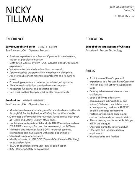 Image result for Process Operator Resume Sample