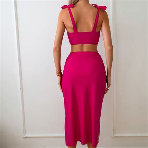 Ruched Tied Three-Piece Bikini Set Dark Pink – The Curvves