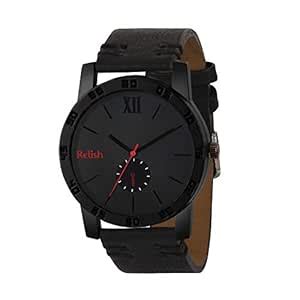 Relish Men's Black Stainless Steel Case Leather Strap Analog Display ...
