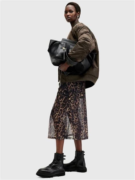 AllSaints Hanna Mesh Leopard Print Midi Dress, Jinx Golden Brown, 16