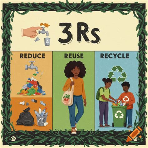 Poster illustrating the 3 Rs: Reduce, Reuse, Recycle. Sections show ...