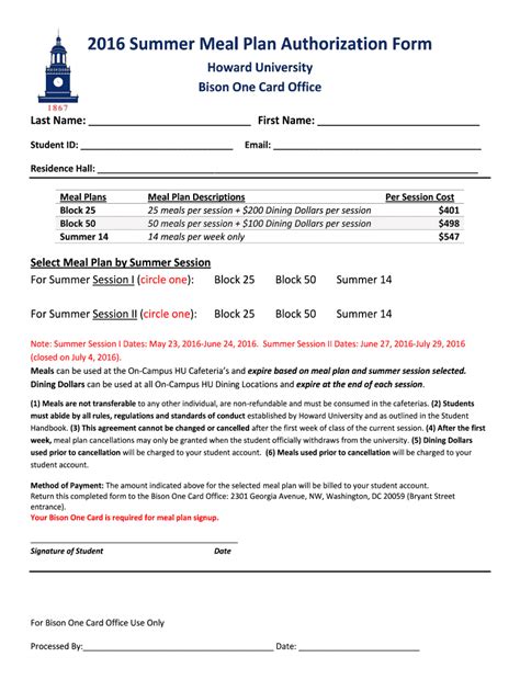 Fillable Online 2016 Summer Meal Plan Authorization Form Fax Email ...